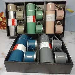 This vacuum flask set is an excellent option for employee or client gifting. Each set includes a flask and three matching cups, and I can customize them with your brand name or logo. They are available in various colors.