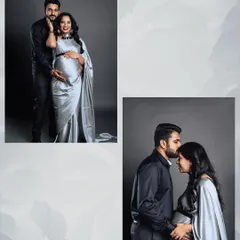 A collage of a couple's studio maternity shoot, featuring both a full-length pose and an intimate close-up of the husband kissing his wife's forehead. It captures the shared joy of expecting twins.