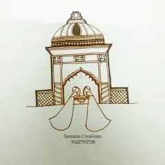 This is the outline for a classic bridal startup design featuring a jharokha and peacocks. We begin by sketching the main structure before filling in the intricate details.