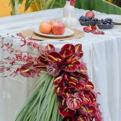 Introducing our Orchard Table, an ode to intimate celebrations. A dramatic cascade of red anthuriums and tropical leaves flows from the table, set with fresh apples and grapes.