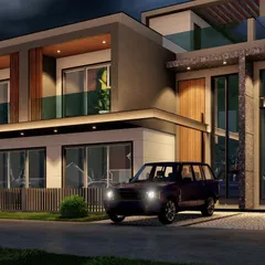 A night-time render of a 'Westend' row house. The lighting design highlights architectural features and creates a safe, inviting atmosphere throughout the community.