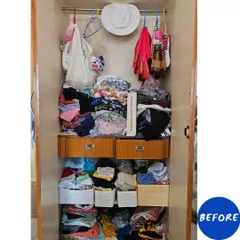 This was the 'before' state of a client's wardrobe. It's a common sight when things don't have a designated home, leading to clutter and the feeling of having 'nothing to wear'.