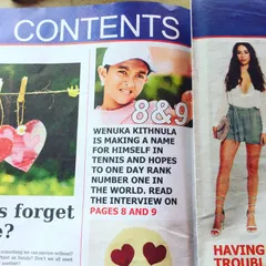 The magazine's table of contents highlights the full feature on Wenuka. It's a detailed look into his journey and his ambition to one day become a world number one player.