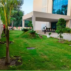 This image shows a newly landscaped area at the entrance of a building. I installed fresh turf and planted young trees to create a welcoming and professional first impression for visitors.