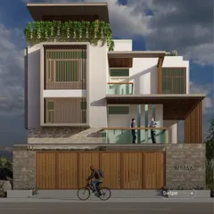 A street-level view from the 3D model of the Srinidhi Residence, showing how the building will interact with its environment.