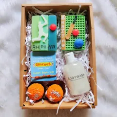 A perfect gift for a cricket-loving brother. This Rakhi hamper includes cricket-themed soaps, body wash, and scented ladoo candles, celebrating his passion and your bond.