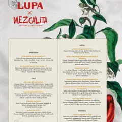 The exclusive menu for our Lupa x Mezcalita pop-up. We featured authentic Mexican dishes like Mole, Carnitas Tacos, and Tetelas, creating a menu that was a journey through Mexico's soul.