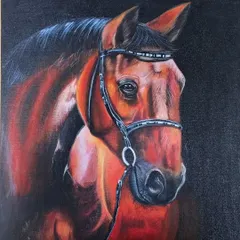 A close-up of a student's masterpiece, this realistic horse portrait was hand-painted over two months. We guide our students to develop the patience and technical skill required for such detailed work, focusing on anatomy, tonal shifts, and capturing life without tracing.