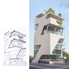 Option 2 for a residence in Bengaluru, showing the evolution from a line sketch to a photorealistic render.