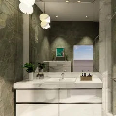 The initial 3D render for the Topaz Bathroom in Lumen House. We visualized the interplay of the luxurious green marble, the white marble vanity, and the soft glow of the pendant lights to perfect the design.