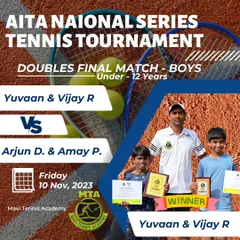 Celebrating the Boys' Doubles winners, Yuvaan G. & Vijay R., at the AITA National Series Tournament for the Under-12 category.