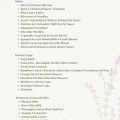 A look at the Mains, Dessert Cups, and Drinks from our Festive Menu 2024. This shows the wide variety of options available, from Paneer Biryani to Panacotta and Passion Fruit Cold Brew.