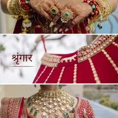 "Shringaar." A collage dedicated to the bridal details, showcasing her stunning emerald and polki jewelry, the intricate work on her lehenga, and her beautiful bangles.