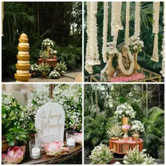 For this couple, we created an atmosphere of pure elegance with a theme of white florals and traditional brass elements, set against the lush greenery of The Leela Palace, Bengaluru.
