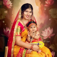 A digitally enhanced portrait from the Yashoda and Krishna series, set against a beautiful lotus pond background, adding a touch of divine magic.