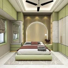 A vibrant bedroom concept featuring a pastel green and natural wood color scheme. The arched, fluted headboard is the centerpiece, complemented by matching wardrobes and a built-in mirror, creating a fresh and lively atmosphere.