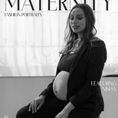 The same powerful maternity portrait, reimagined in classic black and white. This version emphasizes the form, emotion, and quiet confidence of the moment, turning a fashion shot into a piece of timeless art.