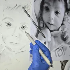 In our charcoal portrait workshops, we teach you to work from photo references to create emotionally resonant art. This in-progress shot shows the blending process used to achieve soft, realistic skin tones.