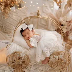 Our newborn sessions are designed to be a work of fine art. Here, a 15-day-old princess sleeps peacefully in a boho-themed carriage prop, surrounded by soft textures and warm light, showcasing our attention to detail in creating a dreamy, serene atmosphere.