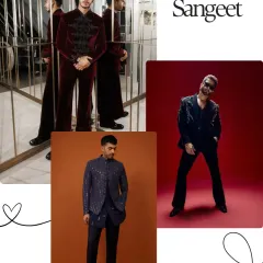 The Sangeet calls for outfits that are stylish yet comfortable enough to dance in. This collection features a rich velvet bandhgala, a sequined Indo-Western suit, and a structured navy blue three piece set perfect for a night of celebration.