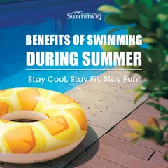 This graphic outlines the key benefits of swimming during the summer. It's the perfect way to beat the heat, get a full-body workout, have fun with friends, and stay fit in a low-impact way.