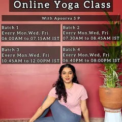 A clear and direct poster with all my online yoga class batch timings. DM for class inquiries.