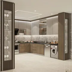This spacious L-shaped kitchen integrates appliances seamlessly, including a washing machine. The design uses a two-tone scheme with wood-grain lower cabinets and light grey uppers, complemented by glass display cases and a marble-patterned backsplash.