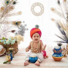 A happy baby Krishna, with his pot of butter and peacock feathers, looking absolutely divine for his festive photoshoot.