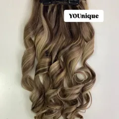 This is a customized set of 4 clip-in extensions with beautiful blonde highlights and curls. I can create custom sets to match any color or style you desire.