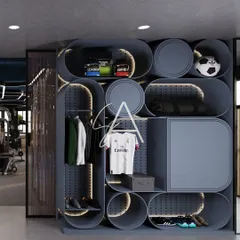 A custom storage unit designed for a gym. The playful, curved compartments provide organized space for everything from protein supplements and towels to soccer balls, combining unique form with practical function.