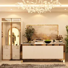 This design combines a pooja unit with a dining room console. The glass-enclosed mandir with gold trim stands elegantly next to a sleek white sideboard, creating a multi-functional and harmonious space.