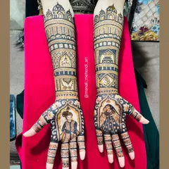 A classic full-bridal mehandi featuring detailed portraits of the bride and groom in their wedding attire. The design includes palace-style domes and personalized elements like the bride's name, 'Sara', making it truly unique.