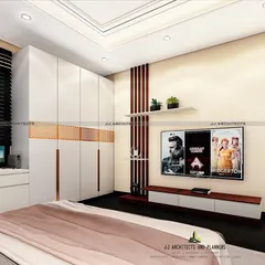 This design focuses on maximizing storage and functionality. It features a clean white wardrobe with copper-toned accents and a sleek, integrated TV and entertainment unit.