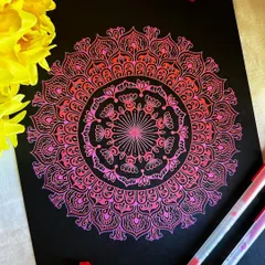 I love the way the gradient of pink and orange gelly roll pens looks against the black paper. This design has a fiery, energetic feel, with the colors blending beautifully to create a glowing effect.