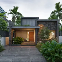 This compact single-story design makes a strong statement with bold stone-clad walls and a flat roof with integrated planters.
