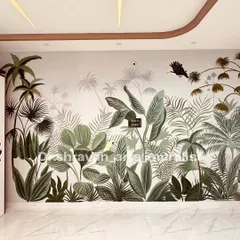 An urban jungle can be both calming and chic. For this bedroom, I created a layered tropical mural in a monochrome palette, turning the wall into a serene, sophisticated escape. It proves that nature-inspired art can be modern and fit perfectly in a contemporary home.