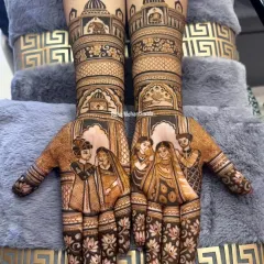 A close-up of a storytelling design featuring portraits of the couple on one hand and the bride with her family on the other. I can even add meaningful words, like the 'Sabr Shukr' tattoo seen here, into your design.