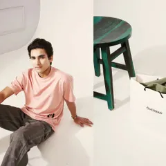 For e-commerce, every detail matters. This split-panel shot features a model wearing a pink crewneck t-shirt for context, alongside a product-focused image of a branded bag and stool. This approach provides both lifestyle feel and clear product information for online stores.