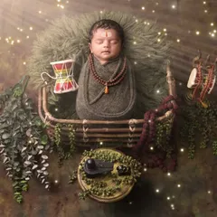 A divine portrait of a baby boy as little Mahadev. Our cultural and mythological themes are created with great attention to detail, featuring custom wraps, props like the damaru and Trishul, and atmospheric lighting.