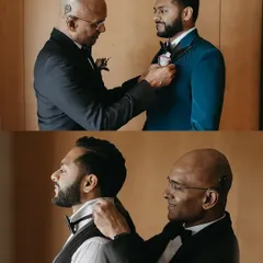 The bond between a father and son, captured in the quiet moments before the ceremony. The father adjusts his son's bow tie, both dressed in classic tuxedos. We styled the groom in a unique teal jacket to give him a distinctive look, while the father's timeless black tux provides a perfect anchor.