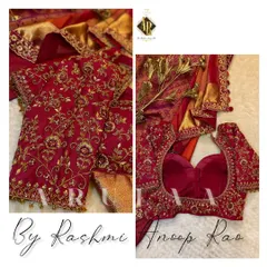 The magic is in the details. This is a close-up of a bespoke bridal blouse, showcasing the dense, traditional zardosi and floral embroidery that I love to create. Every stitch is done by hand to ensure it lasts a lifetime.