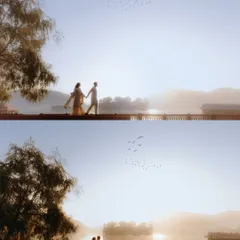 A serene and cinematic shot of Vedika and Yuvraj by the lake in Jaipur. The soft morning light, calm water, and flock of birds create a poetic and timeless pre-wedding portrait.