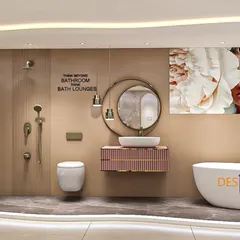 We believe in thinking beyond the bathroom to create 'Bath Lounges'. This space showcases a spa-like experience at home, featuring a freestanding tub, a floating vanity, and artistic wall decor, all tied together with soft, ambient lighting.
