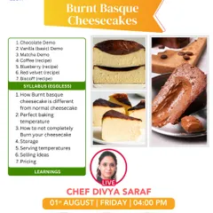 Learn the secrets behind the popular Burnt Basque cheesecake and how it differs from a traditional one. This workshop covers achieving the perfect baking temperature, storage, and pricing for your home bakery business.