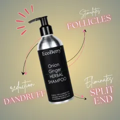 This is our Onion Ginger Herbal Shampoo, a multi-action formula designed to tackle common hair issues. It works by stimulating follicles, reducing dandruff, and eliminating split ends for overall healthier hair.