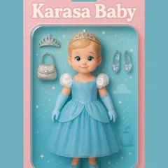 Another take on the Cinderella dream. This AI-generated image visualizes a custom princess gown as a beautiful doll, complete with a tiara, gloves, and glass slippers.