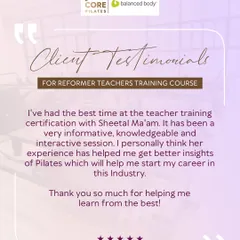 This testimonial highlights what my teacher training course is all about: providing informative, knowledgeable, and interactive sessions. My experience helps you get better insights to start your career in the Pilates industry.