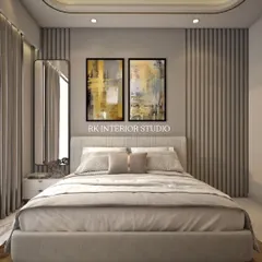 This is a 3D render of a luxury bedroom concept. It features a textured panel wall behind the bed, modern art, and a sleek dressing table, creating a sophisticated and contemporary vibe.