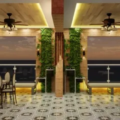 This 3D visualization provides a different perspective of the semi-outdoor concept, focusing on the dining and seating arrangement against a backdrop of vertical gardens and city views.