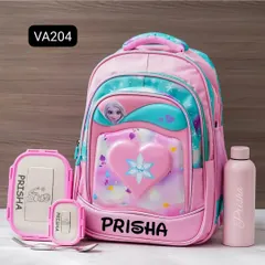 A magical back-to-school set for fans of Frozen. This pink backpack, lunch box, and water bottle are all personalized with your child's name.